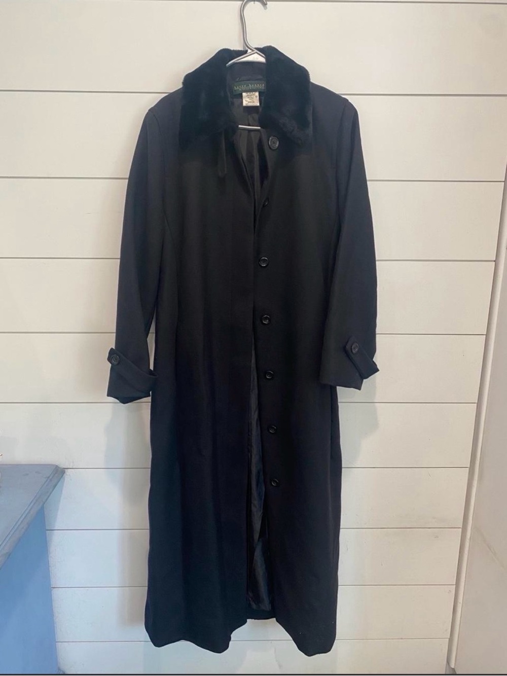 Harve Benard Black Long Trench Coat with Faux Fur Collar Trim